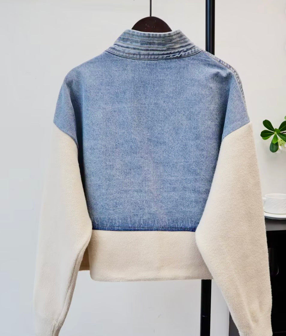 Denim & splicing knitted jacket