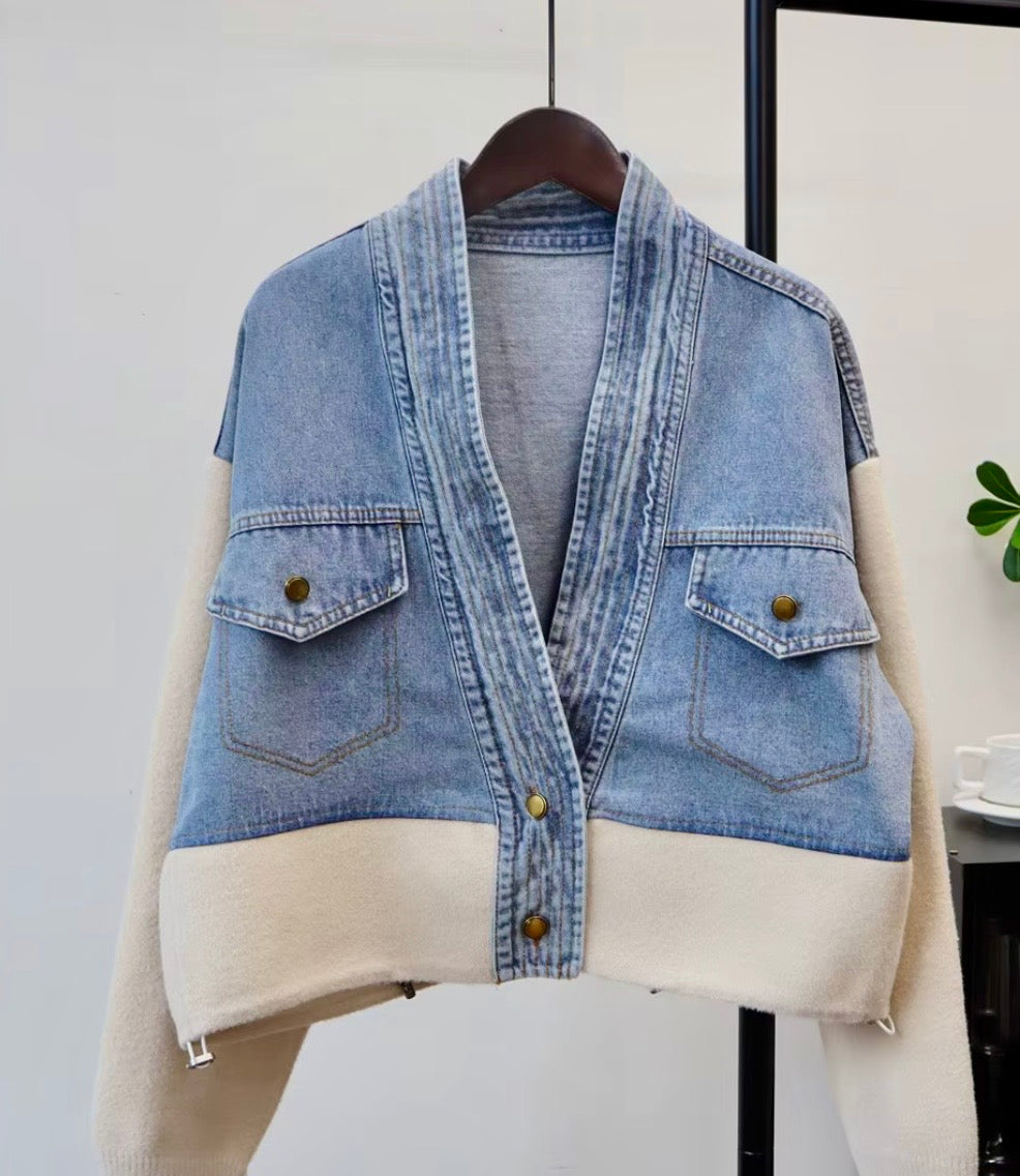 Denim & splicing knitted jacket