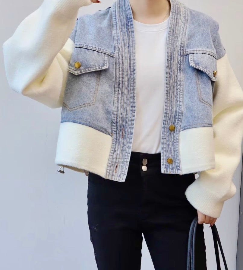 Denim & splicing knitted jacket