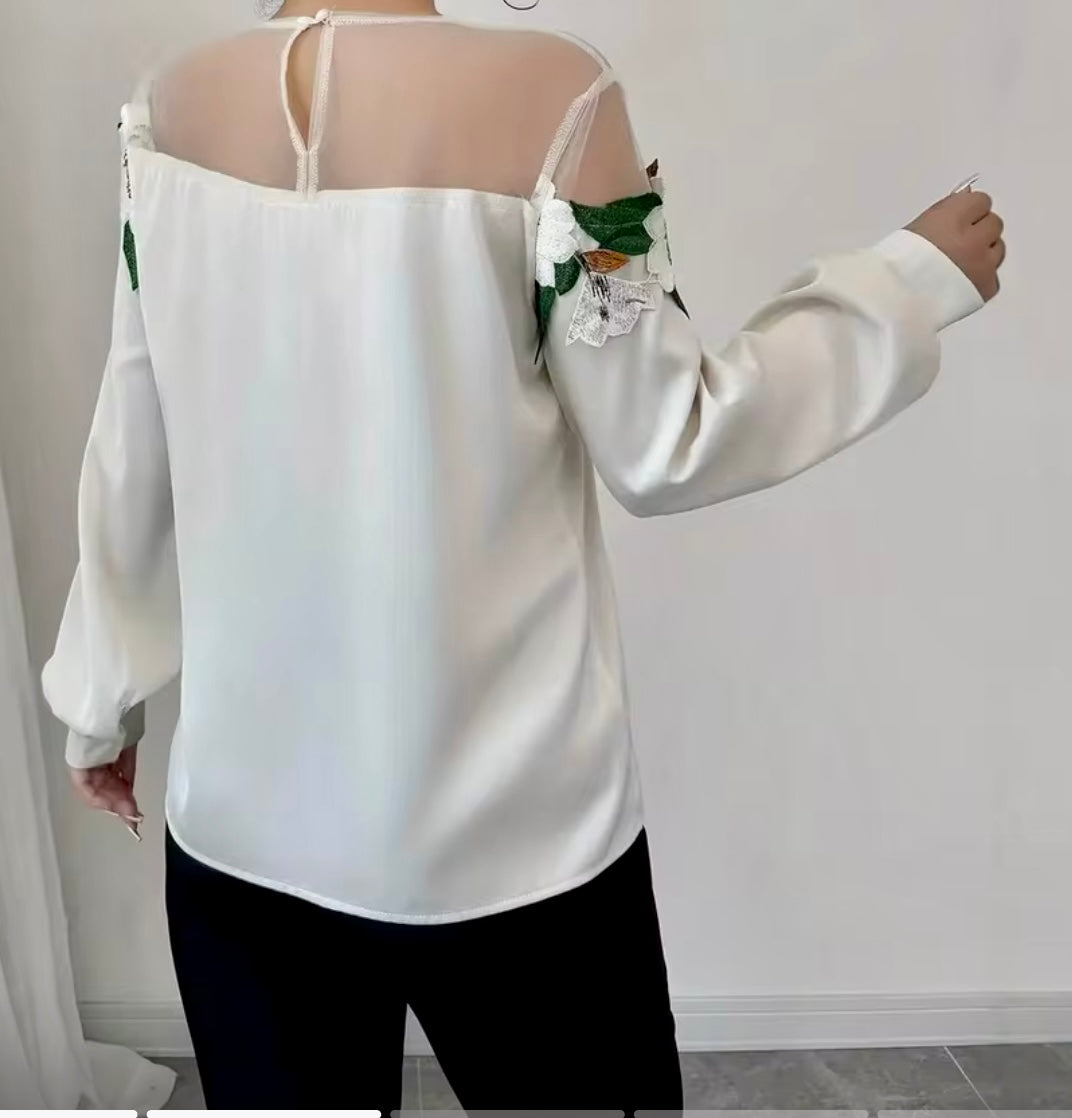 Cream & green satin blouse