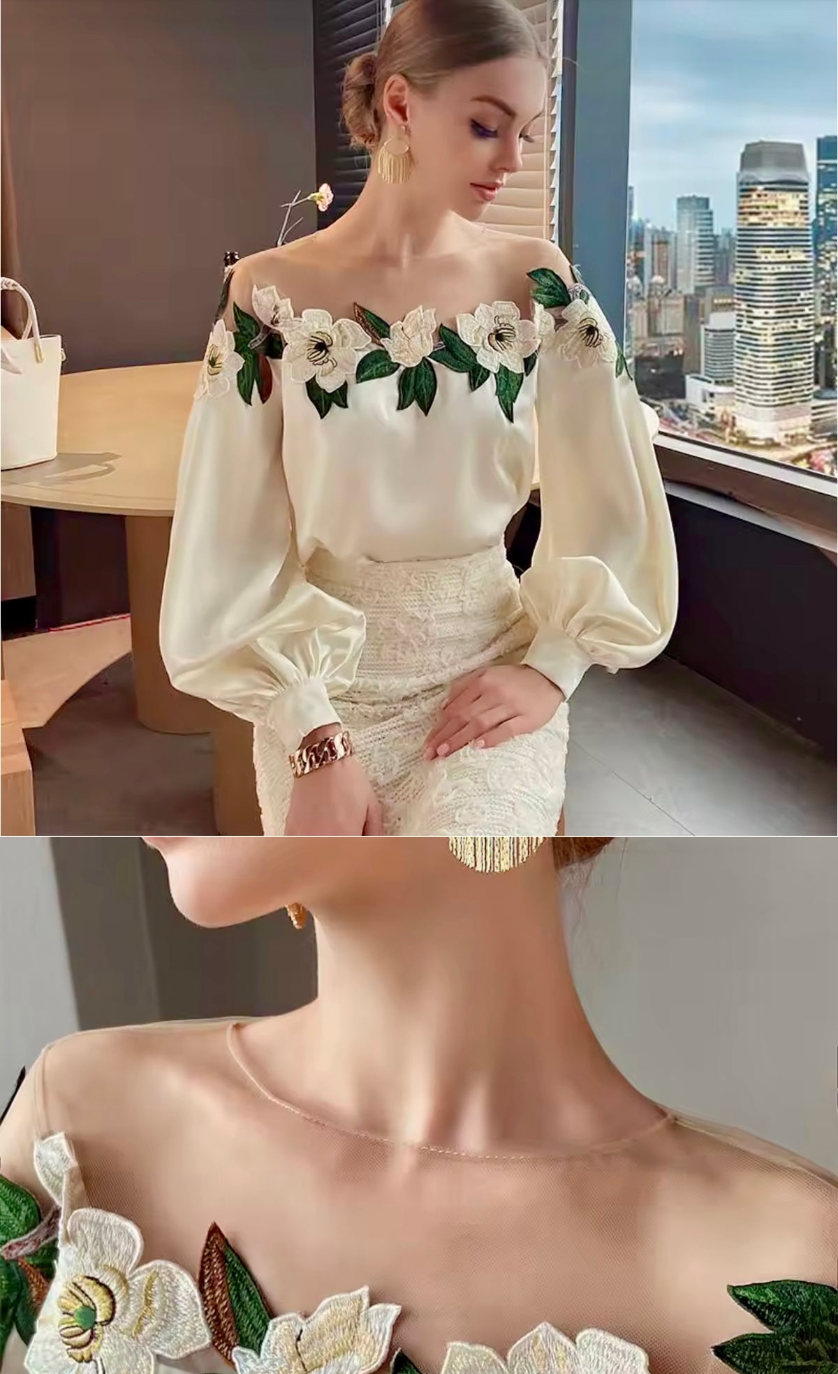 Cream & green satin blouse