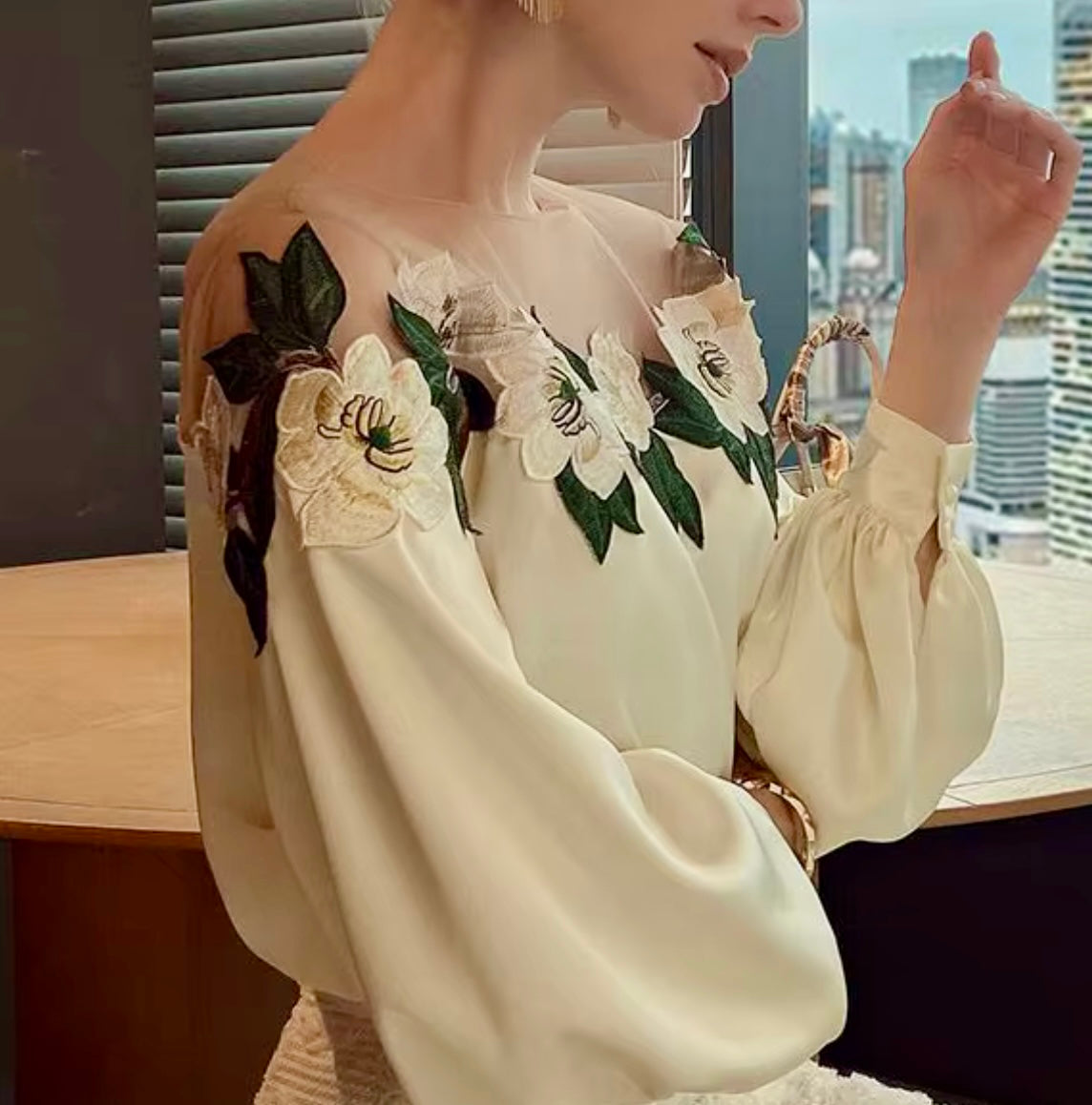 Cream & green satin blouse