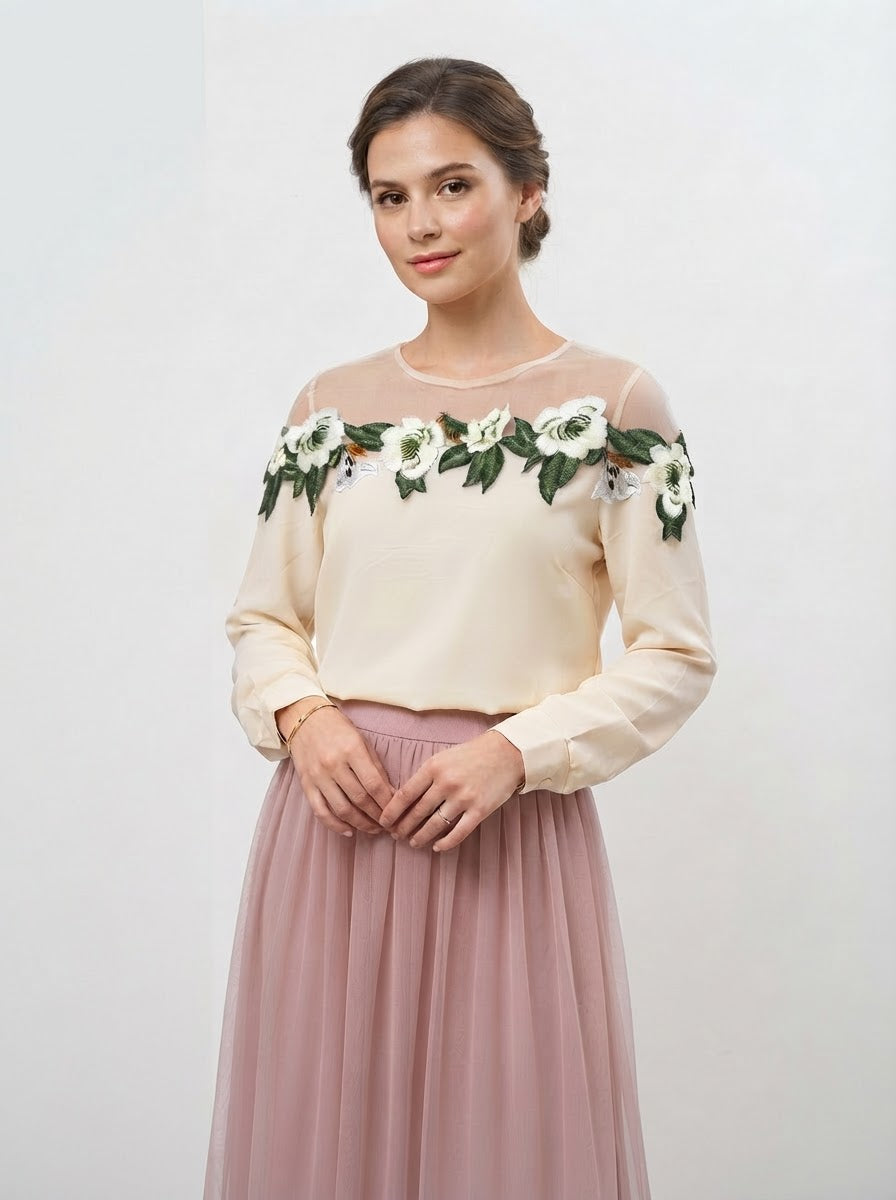 Cream & green satin blouse